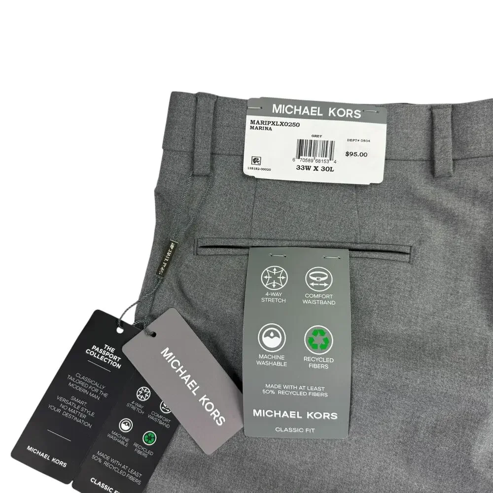 Michael Kors Mens Pleated Cuffed Solid Classic Fit Stretch Pants Gray 33x30
